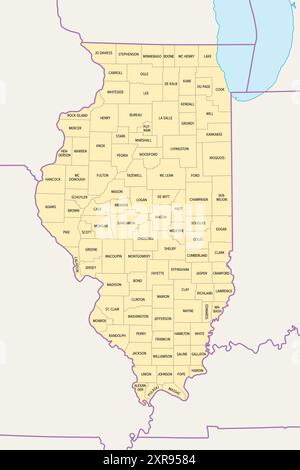 Illinois, US-Bundesstaat, unterteilt in 102 Countys, politische Karte mit Grenzen und County-Namen. Bundesstaat im Mittleren Westen der USA. Stockfoto