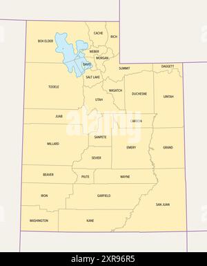 Utah, US-Bundesstaat, unterteilt in 29 Countys, politische Karte mit Grenzen und County-Namen. Bundesstaat in der Region Mountain West im Westen der USA. Stockfoto