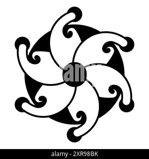 6-zackiger Stern, Kornkreismuster. Struktur in Form eines Windrads oder einer Blume, mit sechs Blütenblättern, die sich gegen den Uhrzeigersinn drehen. Stockfoto