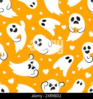 Halloween nahtloses Muster mit süßen kleinen Geistern. Weiße Geister auf orangefarbenem Hintergrund. Muster für Stoff-, Papier-, Textil- und Kartendesign Stock Vektor