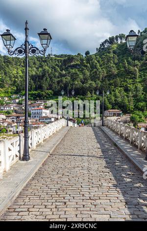 Die Gorica-Brücke über den Fluss Osum ist ein Wahrzeichen in Berat, Albanien. Stockfoto