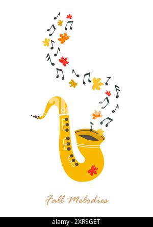 Saxophon Live Musik nette Hand gezeichnete Vektor-Symbol. Saxophon setzt Musiknoten hervor, minimales Design-Element für Zeichentrickfilme. Musik Festival fröhliche Illustration. Stock Vektor