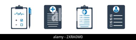 Symbolgruppe „Medizinischer Bericht“. Sammlung von Symbolen in Zwischenablage, Test, Checkup, Verordnung und mehr. Bearbeitbare Illustration Des Abgewickelten Vektors. Stock Vektor