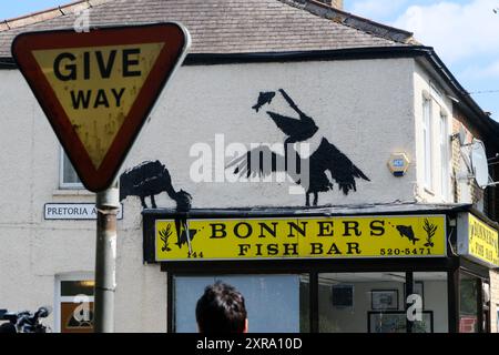 Walthamstow, London, Großbritannien. August 2024. Das „Banksy“-Kunstwerk von Pelikanen erscheint über einem Chip-Shop in Walthamstow. Quelle: Matthew Chattle/Alamy Live News Stockfoto