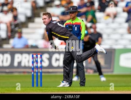 Nottingham, Großbritannien. August 2024. Tom SMITH von Gloucestershire CCC Bowling während des Royal London One-Day Cup Gruppe B Matches Nottinghamshire vs Gloucestershire in Trent Bridge, Nottingham, Vereinigtes Königreich, 9. August 2024 (Foto: Mark Dunn/News Images) in Nottingham, Vereinigtes Königreich am 9. August 2024. (Foto: Mark Dunn/News Images/SIPA USA) Credit: SIPA USA/Alamy Live News Stockfoto