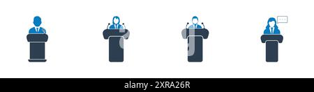 Symbolgruppe Für Öffentliche Sprache. Sammlung von Führungskräften, Lautsprechern, Mikrofonen, Podiumsplattformen, Präsentationen, Seminar, Konferenz, Präsident, Politiker und mehr Icons. Stock Vektor