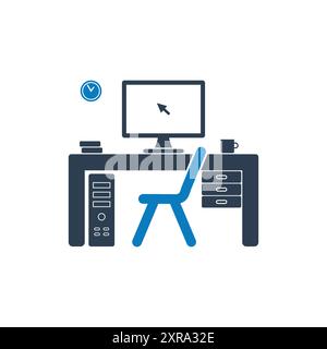 Computer Workstation-Symbol. Mit Computer, Schreibtisch, Stuhl, CPU, Uhr, Bücher und Symbole für Kaffeetassen. Bearbeitbare Illustration Des Abgewickelten Vektors. Stock Vektor