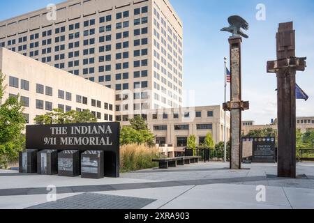 Indianapolis, Indiana - 26. Juli 2024: Blick auf das 11. September Memorial am Canal Walk in Downtown Indianapolis. Stockfoto