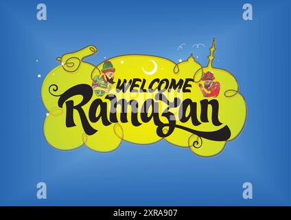 Ramadan-Monat-Grußkarte mit islamischen Elementen Silhouette und Kalligraphie-Schriftzug „Welcome Ramadan“ Stock Vektor