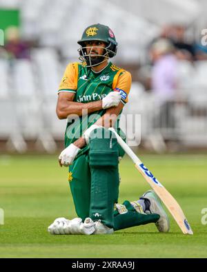 Nottingham, Großbritannien. August 2024. Haseeb HAMEED von Nottingham Outlaws während des Royal London One-Day Cup Gruppe B Matches Nottinghamshire gegen Gloucestershire in Trent Bridge, Nottingham, Vereinigtes Königreich, 9. August 2024 (Foto: Mark Dunn/News Images) in Nottingham, Vereinigtes Königreich am 9. August 2024. (Foto: Mark Dunn/News Images/SIPA USA) Credit: SIPA USA/Alamy Live News Stockfoto