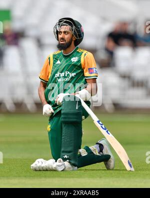 Nottingham, Großbritannien. August 2024. Haseeb HAMEED von Nottingham Outlaws während des Royal London One-Day Cup Gruppe B Matches Nottinghamshire gegen Gloucestershire in Trent Bridge, Nottingham, Vereinigtes Königreich, 9. August 2024 (Foto: Mark Dunn/News Images) in Nottingham, Vereinigtes Königreich am 9. August 2024. (Foto: Mark Dunn/News Images/SIPA USA) Credit: SIPA USA/Alamy Live News Stockfoto