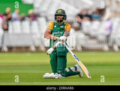 Nottingham, Großbritannien. August 2024. Haseeb HAMEED von Nottingham Outlaws während des Royal London One-Day Cup Gruppe B Matches Nottinghamshire gegen Gloucestershire in Trent Bridge, Nottingham, Vereinigtes Königreich, 9. August 2024 (Foto: Mark Dunn/News Images) in Nottingham, Vereinigtes Königreich am 9. August 2024. (Foto: Mark Dunn/News Images/SIPA USA) Credit: SIPA USA/Alamy Live News Stockfoto