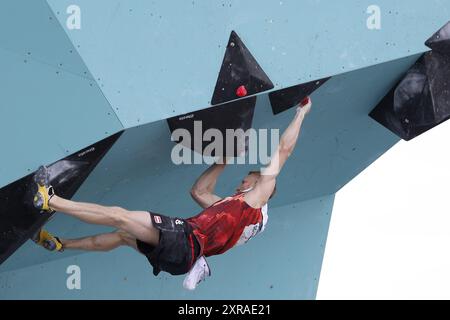 Paris, Frankreich. August 2024. Klettern Männer&#39;s Boulder &amp; Lead, Final Lead während der Olympischen Spiele 2024 in Paris am 9. August 2024 im Le Bourget Sport Kletterort Credit: Independent Photo Agency/Alamy Live News Stockfoto