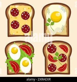 Frühstückstoast mit Wurst, Tomate, Käse, Spiegelei, Salat und Petersilie. Flache Zeichentrickvektorillustration. Stock Vektor