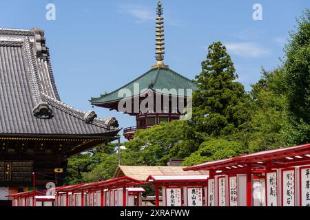 Narita, Japan - 23. Juli 2024: Die berühmte große Pagode des Friedens erhebt sich an der Komyo-Do Halle im Naritasan Shinsho-JI Tempel in der Nähe von Tokio in Japan Stockfoto