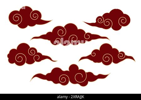 Japanisches Wolkenset, asiatisches traditionelles gewelltes Lockenschmuck. China-Ornament, östliche Deko-Kritzelei, Linie. Wolken fließen mit dem Wind am Himmel. Vektorabbildung Stock Vektor