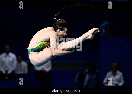 Paris, Frankreich. August 2024. (240809) -- SAINT-DENIS, 9. August 2024 (Xinhua) -- Maddison Keeney aus Australien tritt beim 3-m-Springboard-Finale der Frauen an den Olympischen Spielen 2024 in Saint-Denis, Frankreich, 9. August 2024 an. (Xinhua/Wang Peng) Credit: Xinhua/Alamy Live News Stockfoto