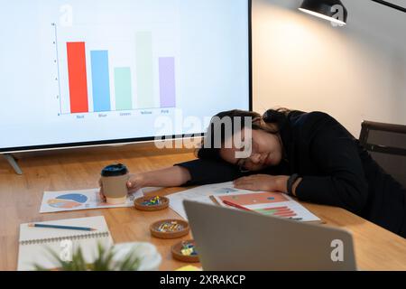 Erschöpfter Manager, der nach Überstunden schläfrig ist. Müder Büroangestellter mit Burnout-Syndrom schläft auf der Arbeit, weil Stockfoto