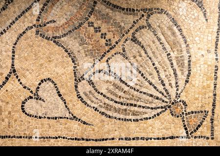 Nahaufnahme eines mittelalterlichen Wandmosaiks, das einen einsamen Zweig mit einem herzförmigen Blatt darstellt, das von einer mit Wasser gefüllten alten Amphore ansteht Stockfoto