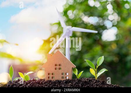 Umweltschutz durch Nutzung erneuerbarer Energien. Nachhaltig erneuerbar. Innovation im Bereich der grünen Energie. Umweltfreundliche Energietechnik, Wind Stockfoto