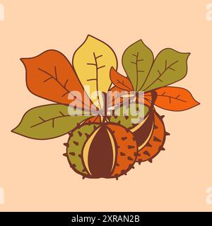 Zwei Kastanien umgeben von bunten Herbstblättern auf hellem Hintergrund Stock Vektor
