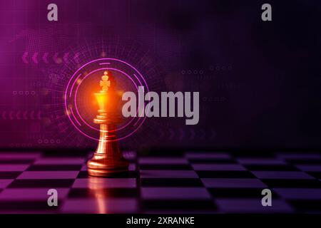 Goldener König Schach Begegnung mit goldenem Schach Feind auf dunklem Hintergrund und Verbindungslinie für Strategie und futuristisches Konzept. Strategischer Schachbus Stockfoto