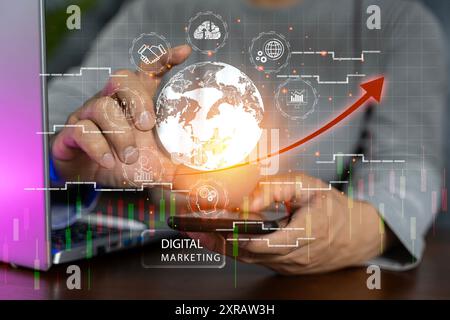 Geschäftsmann mit Smartphone, globaler Internetverbindungstechnologie und digitalem Marketing, Finanzen und Banking, Digital Link Technologie, Big D Stockfoto