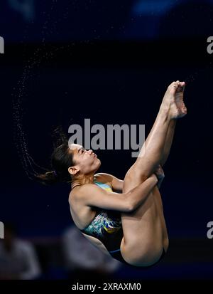 Paris, Frankreich. August 2024. (240809) -- SAINT-DENIS, 9. August 2024 (Xinhua) -- nur Dhabitah Sabri von Malaysia tritt beim 3-m-Springboard-Finale der Frauen an den Olympischen Spielen 2024 in Saint-Denis, Frankreich, 9. August 2024 an. (Xinhua/Wang Peng) Credit: Xinhua/Alamy Live News Stockfoto