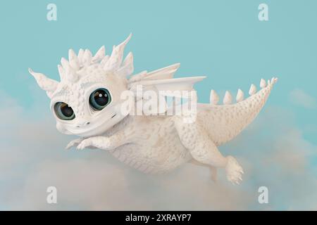 Niedlicher Zeichentrickfilm-Baby-Drache, der durch Wolken fliegt. 3D-Rendering Stockfoto
