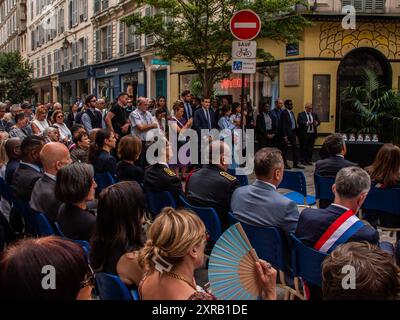 FRANKREICH-PARIS-POLITIK-TERRORISMUS-JÜDISCH-US-Zeremonie zum Gedenken an den Anschlag vom 9. August 1982 auf die Rue des Rosiers im Herzen des jüdischen Viertels von Paris, bei dem 6 Menschen getötet und 22 verletzt wurden. In Paris, 9. August 2024. PARIS ILE-DE-FRANCE FRANKREICH URHEBERRECHT: XANDREAXSAVORANIXNERIX FRANCE-PARIS-POLITICS-TERRORISM-ASAVORANINERI-20 Stockfoto