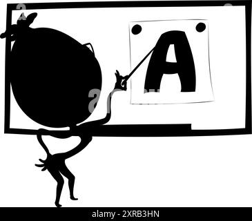 Vektorform des Wassermelonenlehrers mit Brille, die auf Bild mit Buchstabe A. zeigt Vektorillustration des Zeichentrickcharakters Wassermelonenlehrer Stock Vektor