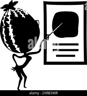 Vektorform einer Zeichentrickwassermelone mit Brille, die den Zeiger in der Hand hält. Vektor-Illustration des Zeichentrickfilms Wassermelone Charakter mit Brille Stock Vektor