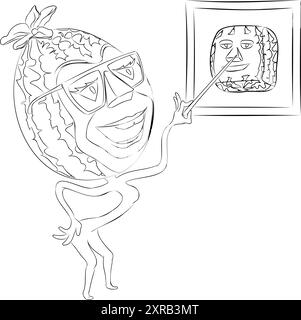 Zeilenbild einer Zeichentrickfilm-Wassermelone mit Brille, die den Zeiger in der Hand hält. Vektor-Illustration des Zeichentrickfilms Wassermelone Charakter mit Brille Stock Vektor