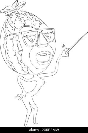 Zeilenbild einer Zeichentrickfilm-Wassermelone mit Brille, die den Zeiger in der Hand hält. Vektor-Illustration des Zeichentrickfilms Wassermelone Charakter mit Brille Stock Vektor