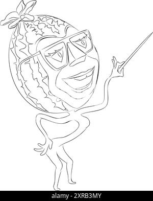Zeilenbild einer Zeichentrickfilm-Wassermelone mit Brille, die den Zeiger in der Hand hält. Vektor-Illustration des Zeichentrickfilms Wassermelone Charakter mit Brille Stock Vektor