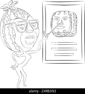Zeilenbild einer Zeichentrickfilm-Wassermelone mit Brille, die den Zeiger in der Hand hält. Vektor-Illustration des Zeichentrickfilms Wassermelone Charakter mit Brille Stock Vektor