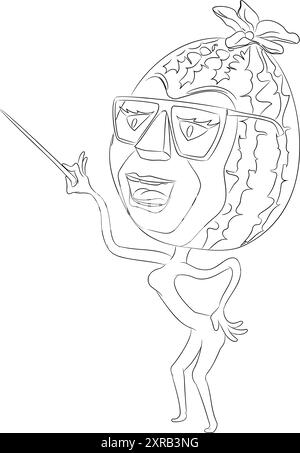 Zeilenbild einer Zeichentrickfilm-Wassermelone mit Brille, die den Zeiger in der Hand hält. Vektor-Illustration des Zeichentrickfilms Wassermelone Charakter mit Brille Stock Vektor