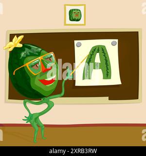 Wassermelonenlehrer mit Brille, die auf Bild mit Buchstabe A. zeigt Vektorillustration des Zeichentrickcharakters Wassermelonenlehrer mit Brille Stock Vektor