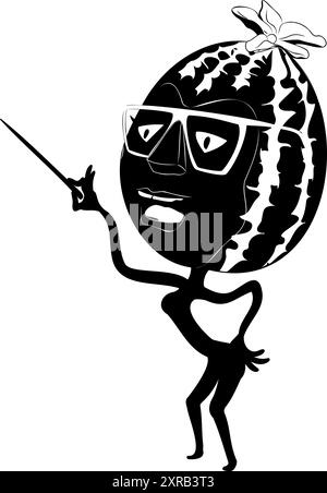 Vektorform einer Zeichentrickwassermelone mit Brille, die den Zeiger in der Hand hält. Stock Vektor