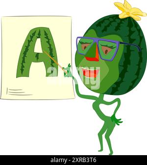 Zeichentrickfilm Wassermelonenlehrer mit Brille, die auf Bild mit Buchstabe A. zeigt Vektorillustration des Zeichentrickcharakters Wassermelonenlehrer mit Brille Stock Vektor