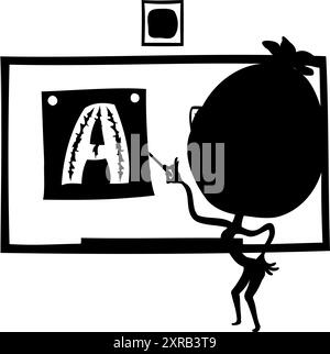 Vektorform des Wassermelonenlehrers mit Brille, die auf Bild mit Buchstabe A. zeigt Vektorillustration des Zeichentrickcharakters Wassermelonenlehrer Stock Vektor