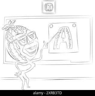 Strichkunstillustration eines Wassermelonenlehrers mit Brille, die auf das Bild mit Buchstabe A. zeigt Stock Vektor