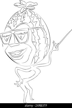 Zeilenbild einer Zeichentrickfilm-Wassermelone mit Brille, die den Zeiger in der Hand hält. Vektor-Illustration des Zeichentrickfilms Wassermelone Charakter mit Brille Stock Vektor