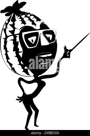 Vektorform einer Zeichentrickwassermelone mit Brille, die den Zeiger in der Hand hält. Stock Vektor