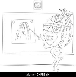 Strichkunstillustration eines Wassermelonenlehrers mit Brille, die auf das Bild mit Buchstabe A. zeigt Stock Vektor