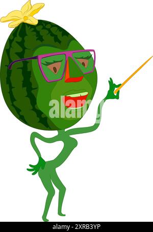 Zeichentrick-Wassermelone mit Brille, die den Zeiger in der Hand hält. Vektor-Illustration des Zeichentrickfilms Wassermelone Charakter mit Brille, die Zeiger hält Stock Vektor