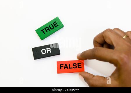 Mit bunten Holzblöcken können Sie zwischen „wahr“ und „falsch“ wählen. Konzept von Ehrlichkeit, Wahrhaftigkeit und Entscheidungsfindung. Stockfoto