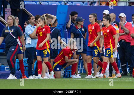 Lyon, Frankreich. August 2024. Lyon, Frankreich, 9. August 2024: Spieler Spaniens werden nach den Olympischen Spielen 2024 in Paris im Stade de Lyon in Lyon gesehen. (ANE Frosaker/SPP) Credit: SPP Sport Press Photo. /Alamy Live News Stockfoto