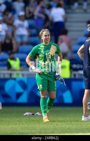 Lyon, Frankreich. August 2024. Lyon, Frankreich, 9. August 2024: Torhüterin Cata Coll (13 Spanien) wird nach den Olympischen Spielen in Paris 2024 Frauen Bronze Medaille Fußball Spiel zwischen Spanien und Deutschland im Stade de Lyon in Lyon, Frankreich, gesehen. (ANE Frosaker/SPP) Credit: SPP Sport Press Photo. /Alamy Live News Stockfoto