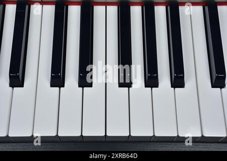 Klaviertastatur, Draufsicht. Musikinstrument. Schwarz-weiße Klaviertasten. Eine Oktave. Stockfoto